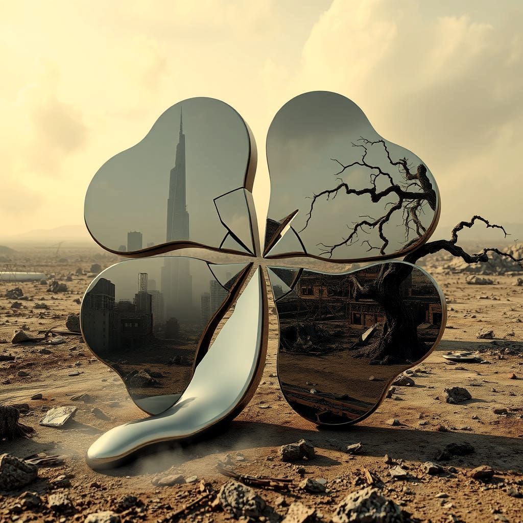 Broken Four-Leaf Clover Mirror Reflecting Dystopia