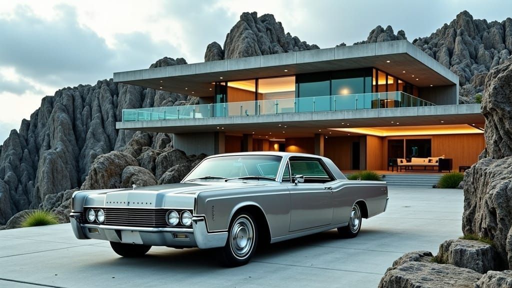 Dramatic Future Brutalist House Over Rocky Landscape
