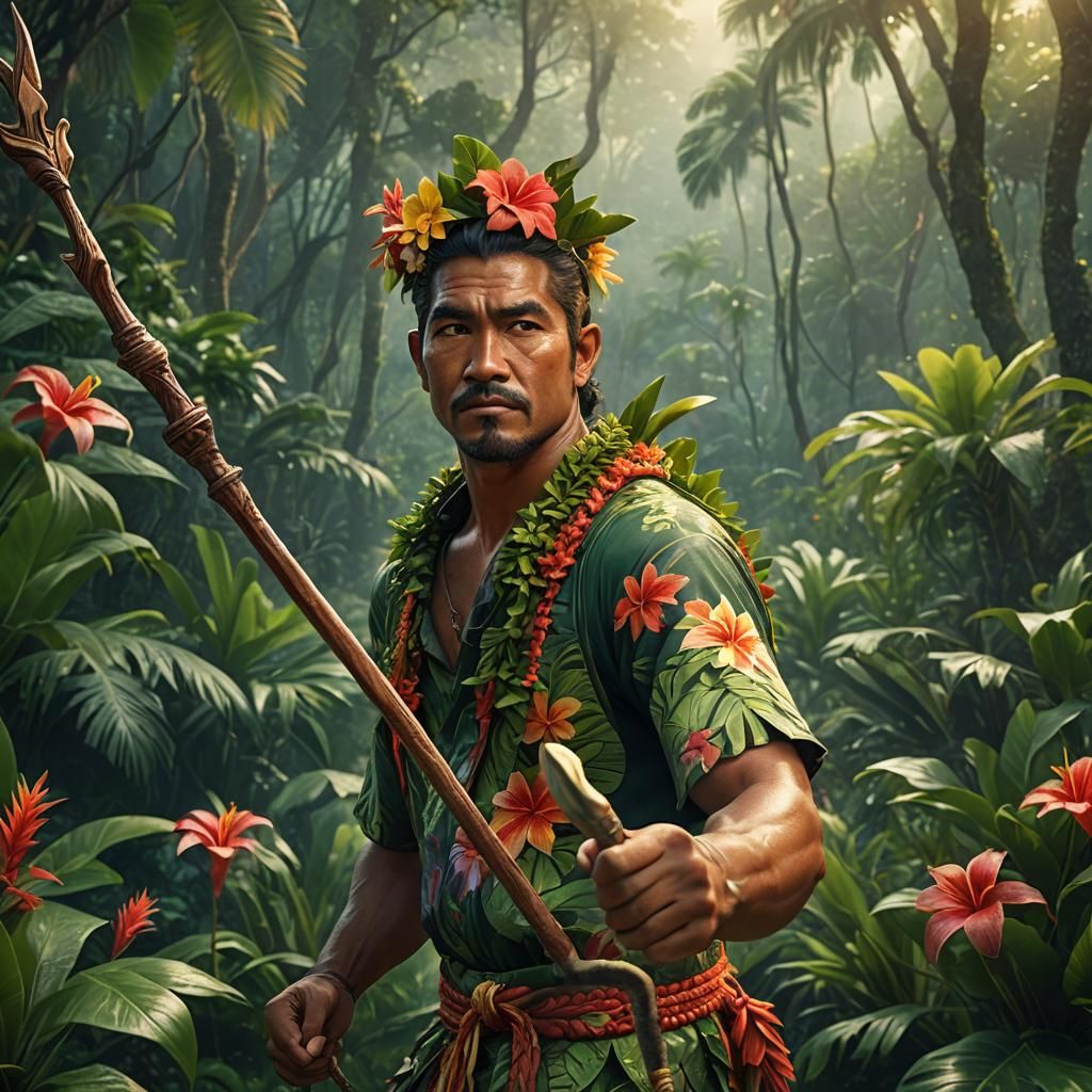 Stern Hawaiian Kahuna in Jungle Setting