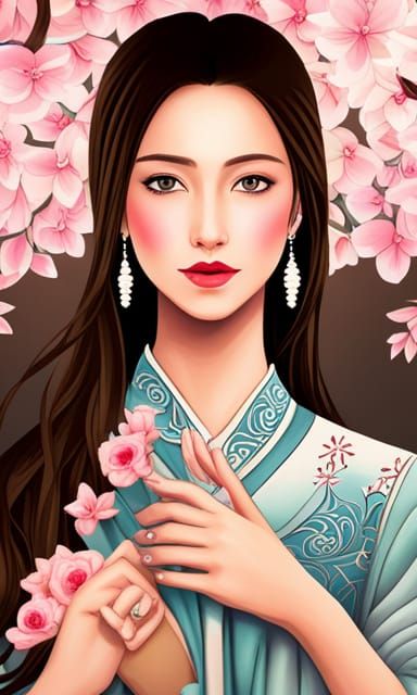 Geisha in Blue Kimono with Cherry Blossoms