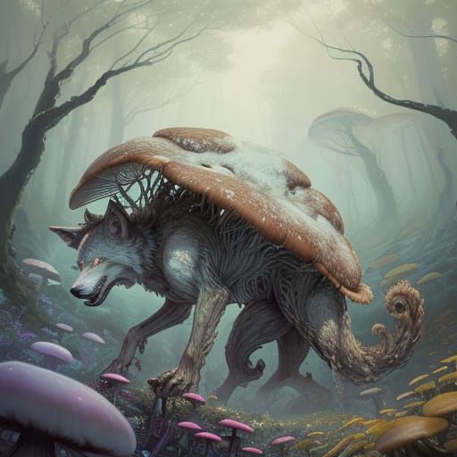 Mystical Fungal Creature in a Dreamy, Watercolor Landscape