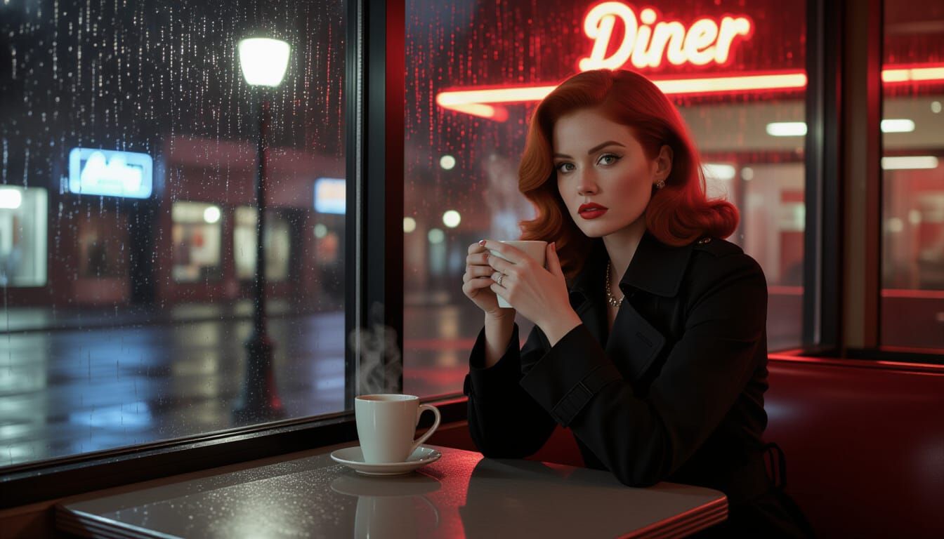 Fiery Redhead in Rainy City Diner, Selective Color
