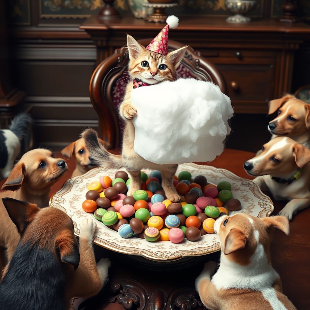 Whimsical Feline Dancer on Antique Table