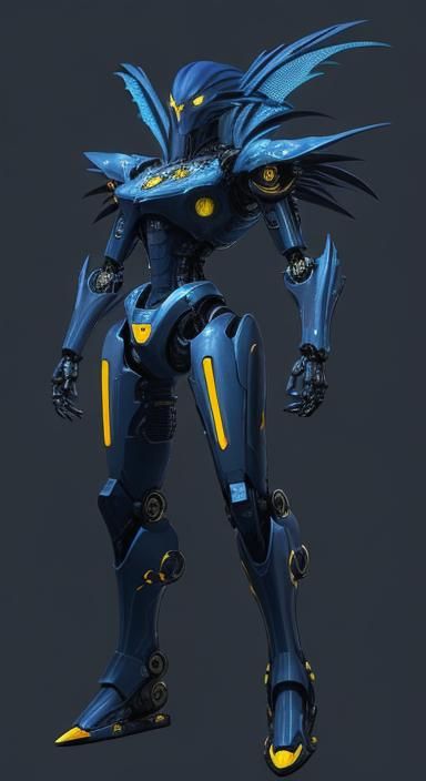 Yellow Robotic Phoenix on Royal Blue Background