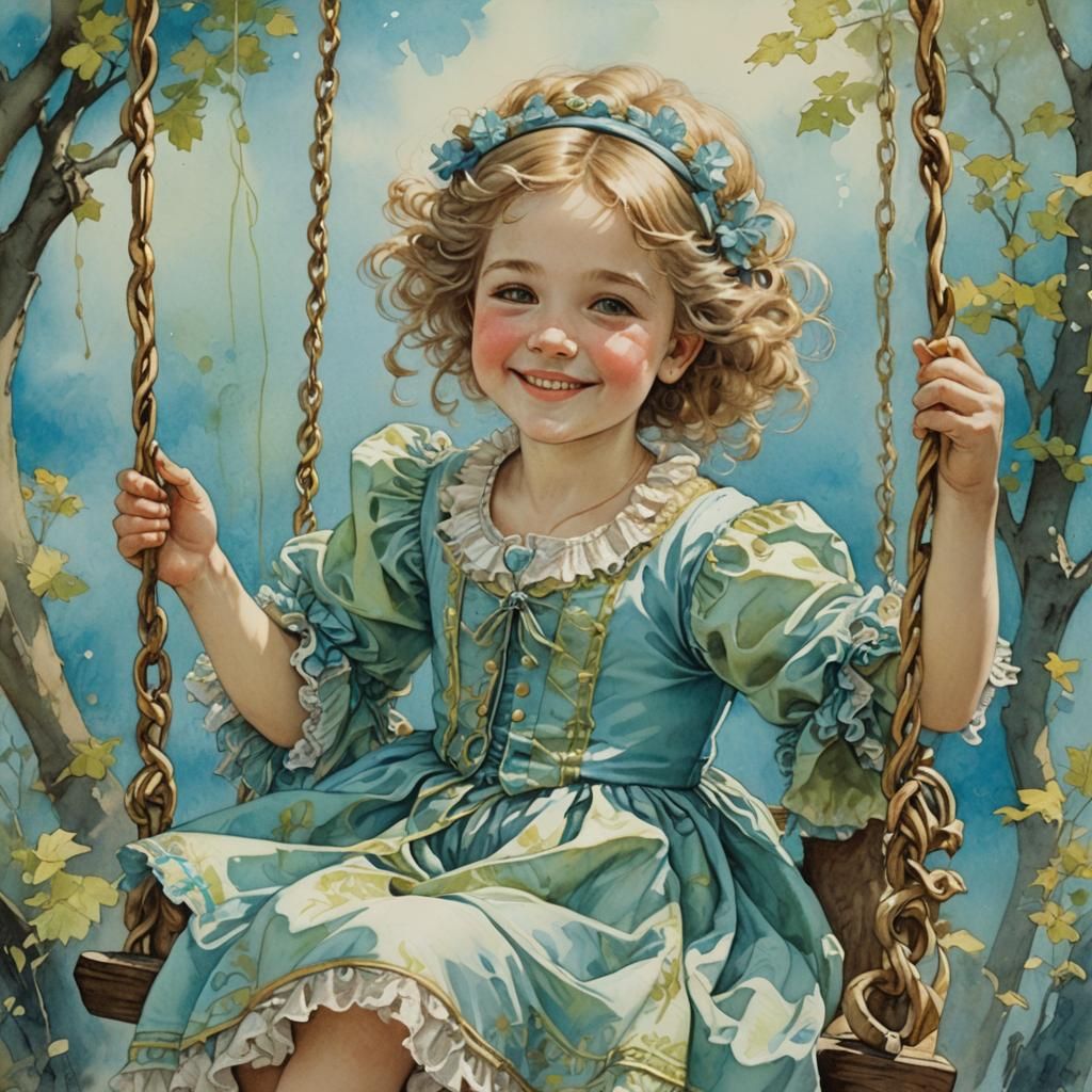 Adorable Girl on Swings in Rococo Style