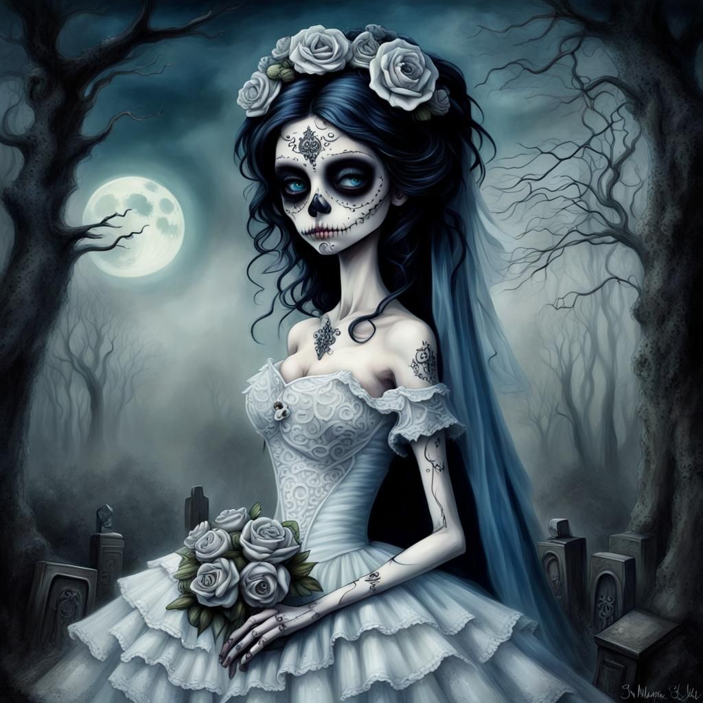 Melancholy Sugar Skull Bride in Whimsical Gothic Style