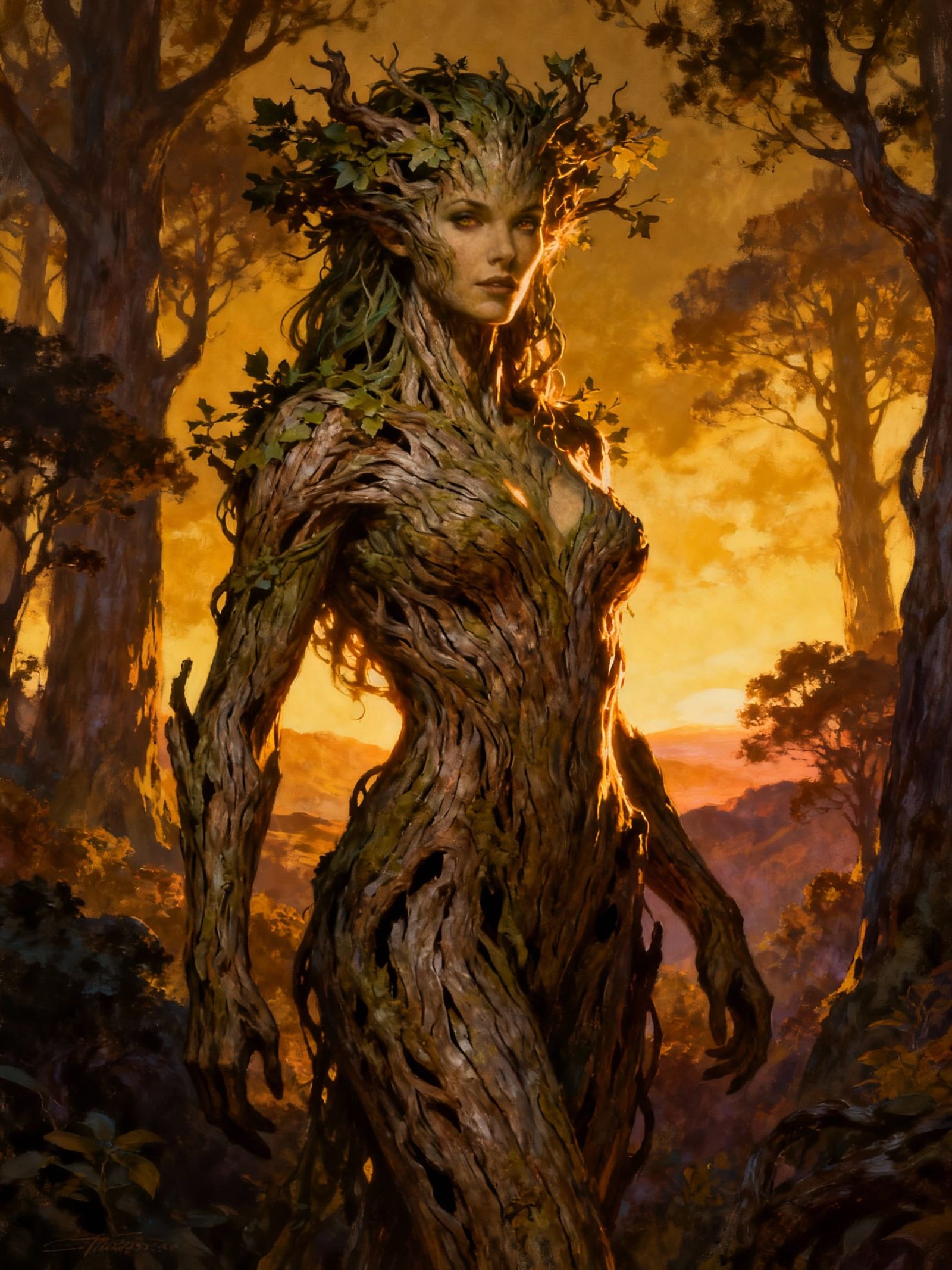 Female Tree-Creature in Dramatic Dusk Forest