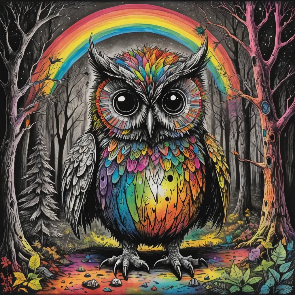 Surreal Child's Crayon Drawing with Rainbow Owl
