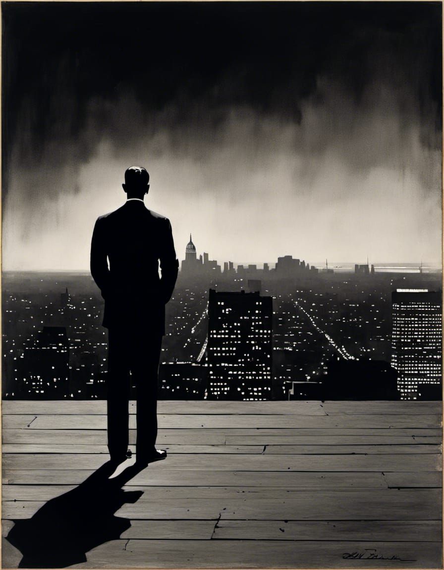 Chiaroscuro Man in Suit Overlooking City