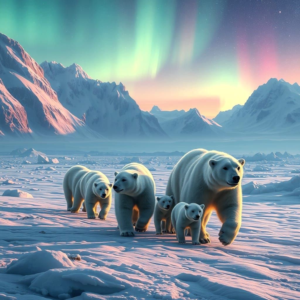 White Bears Walk Together Under Aurora in Fantastical Landsc...