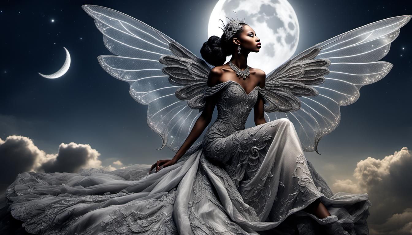 Black Fairy in Silver Gown on Crescent Moon