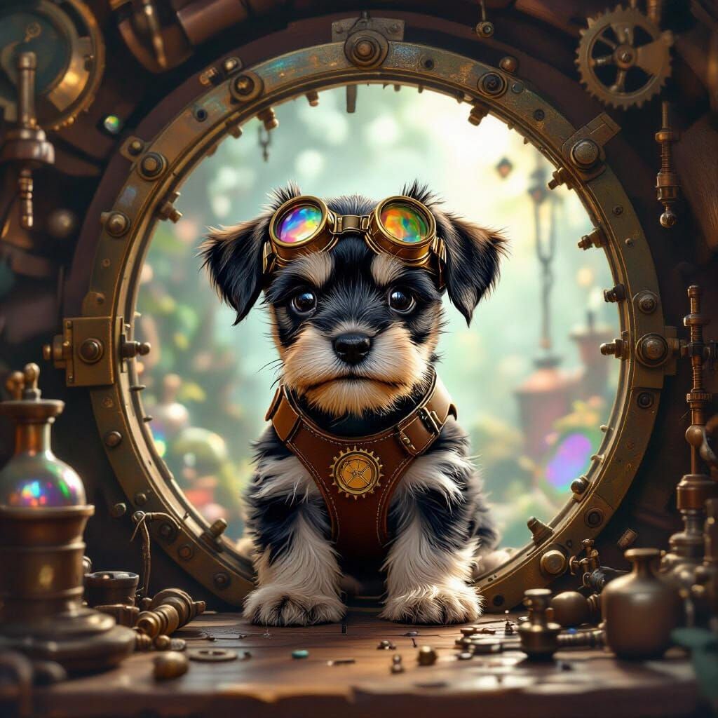 Steampunk Schnauzer Puppy in Enchanted Workshop