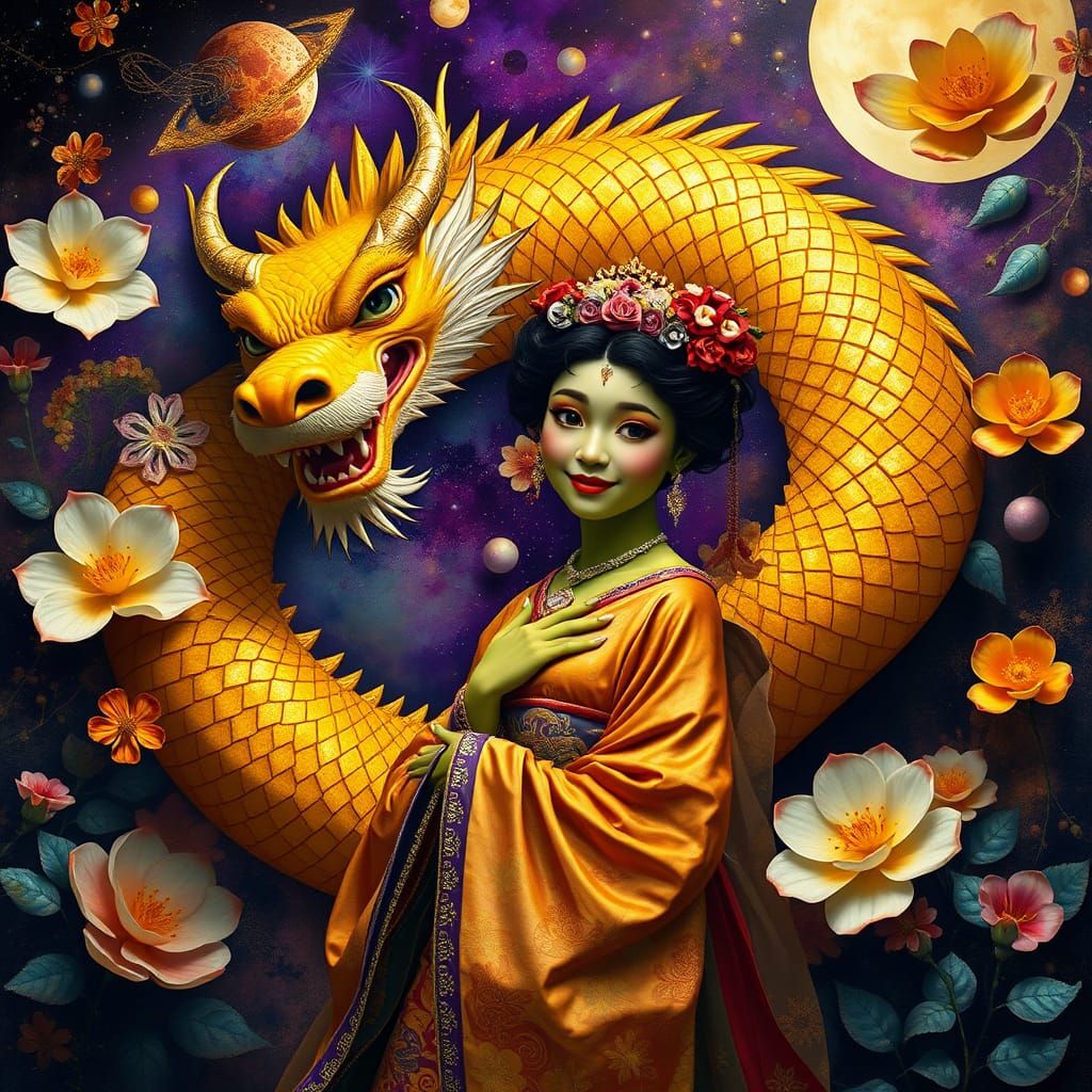 Whimsical Geisha Princess Fiona with Dragon in Shimmering Me...