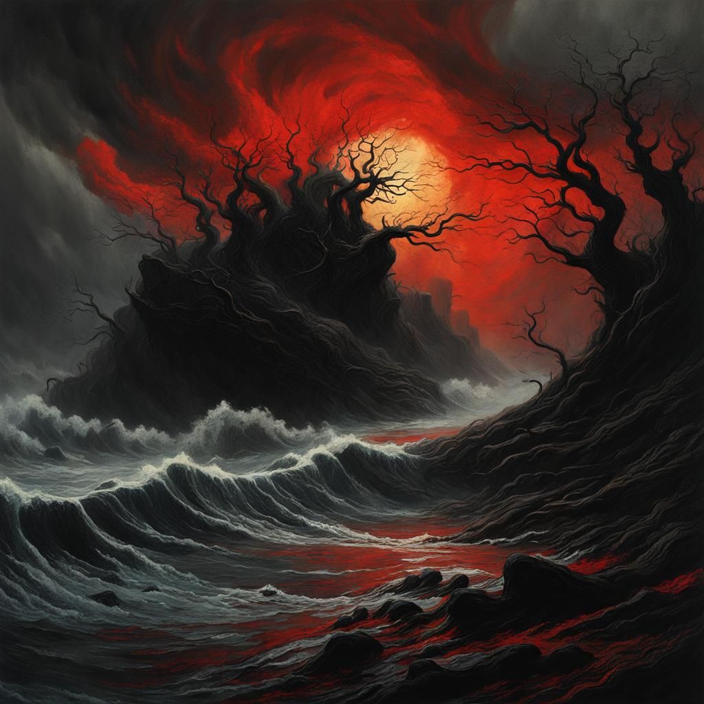 Eerie Landscape of Twisted Trees in a Bloody Apocalyptic Mae...