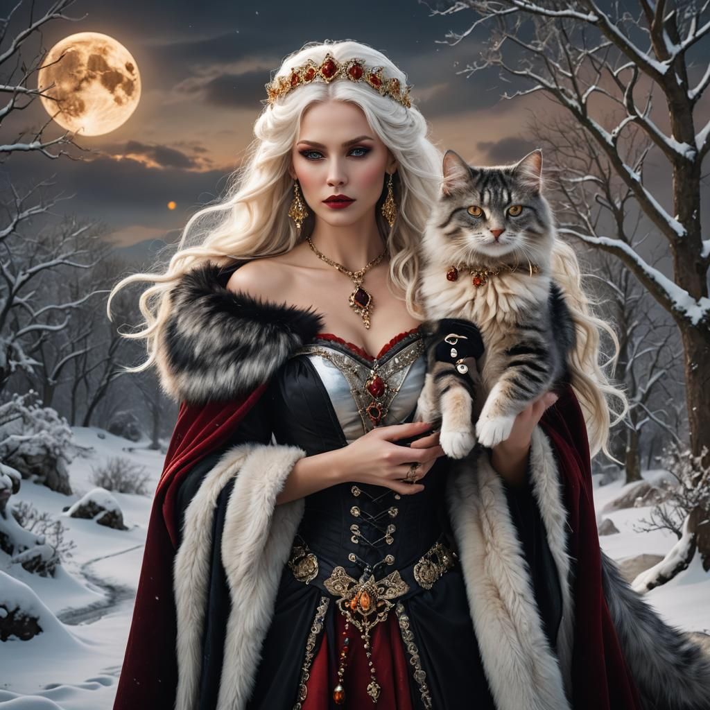 Goddess with Kitten in Snowy Landscape