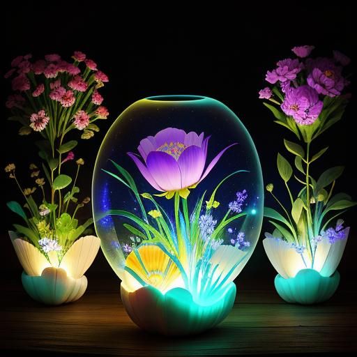 Ethereal Fantasy Flowers in Shell with Luminous Glow