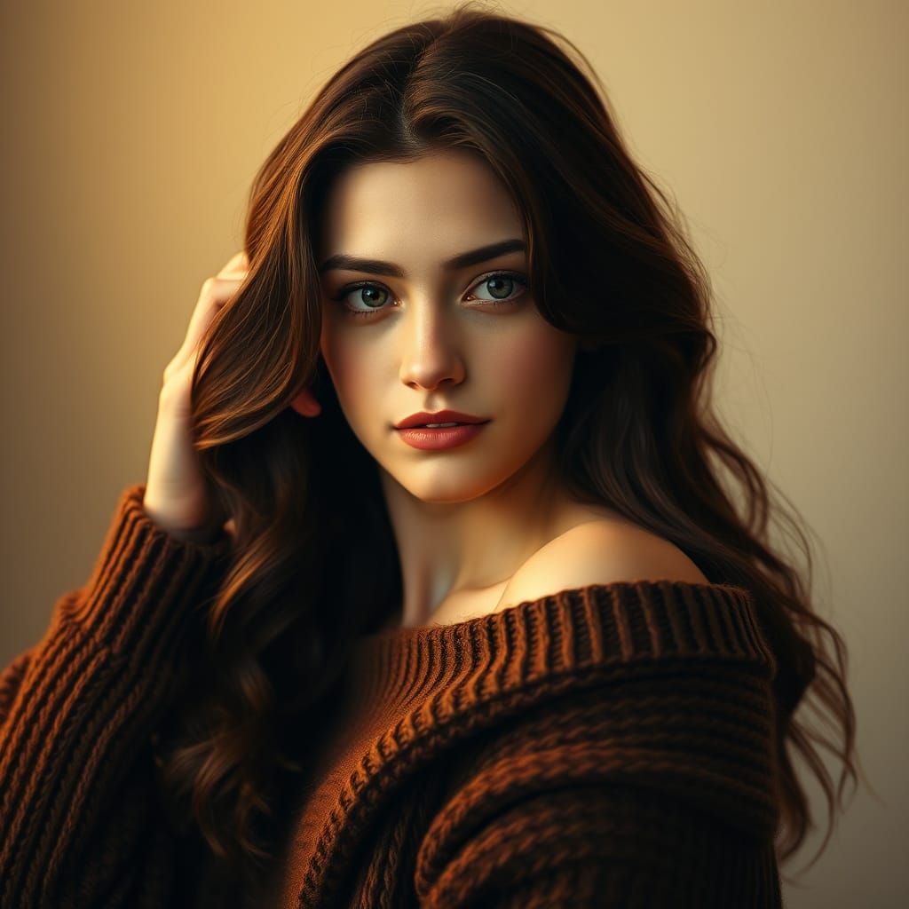 Young Woman in Cozy Brown Sweater, Softly Gazing at the Came...