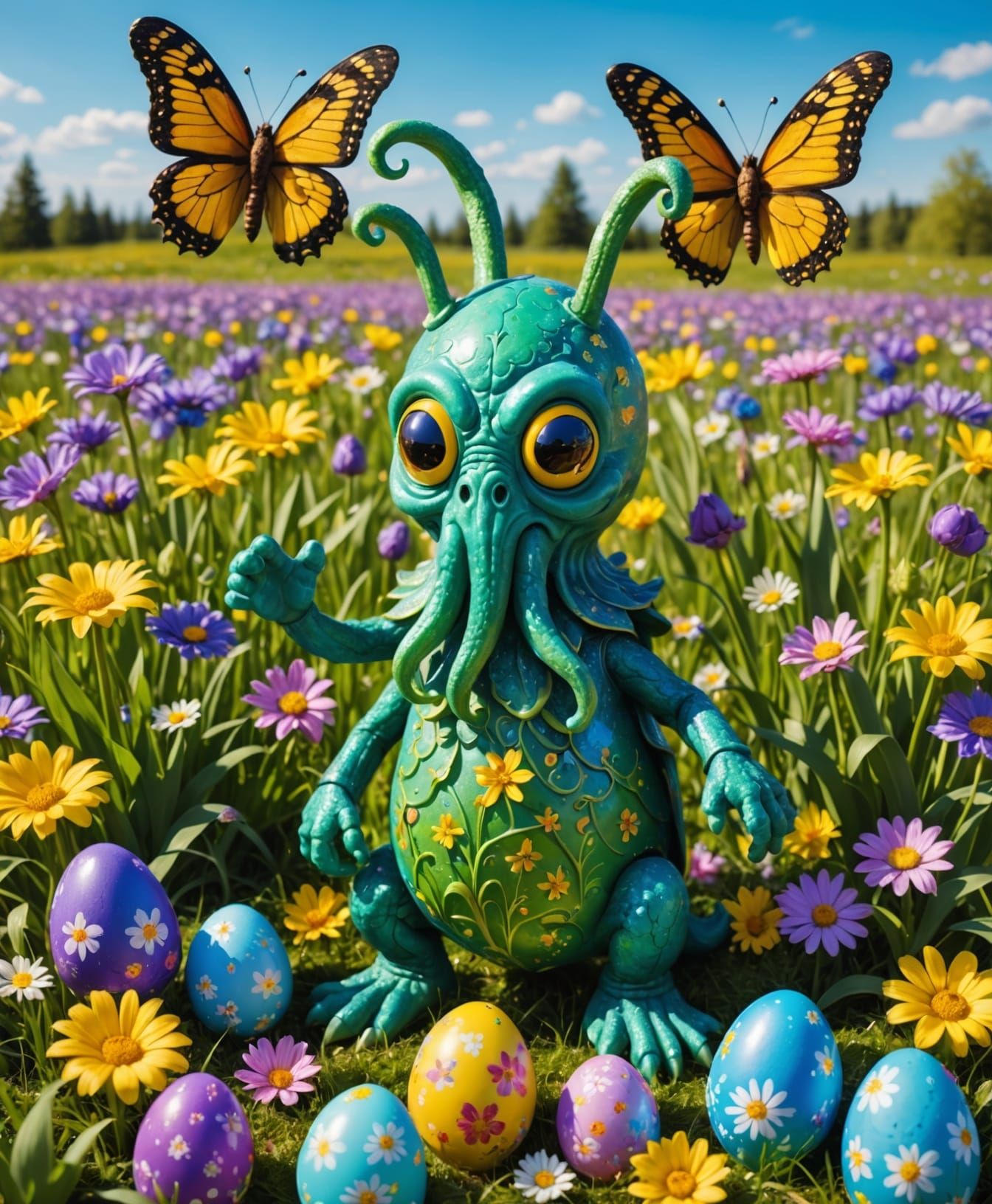 Vibrant Easter Cthulhu in a Spring Meadow