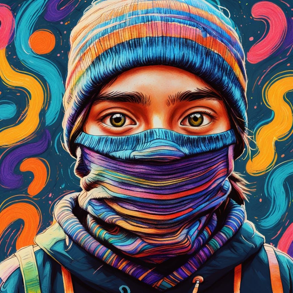 Colorful Crayon Drawing of Balaclava-Clad Person