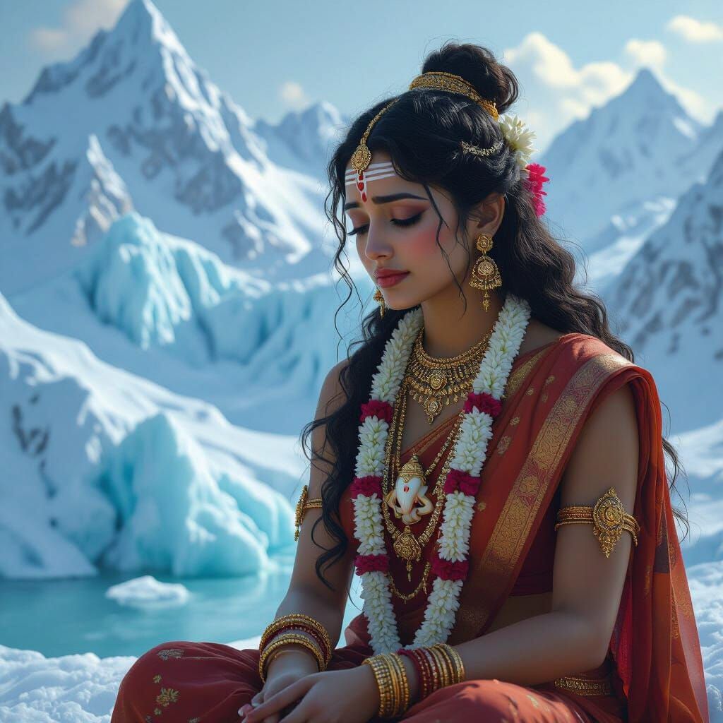 Goddess Parvati Weeping by Glacial Mountain, Matte Painting