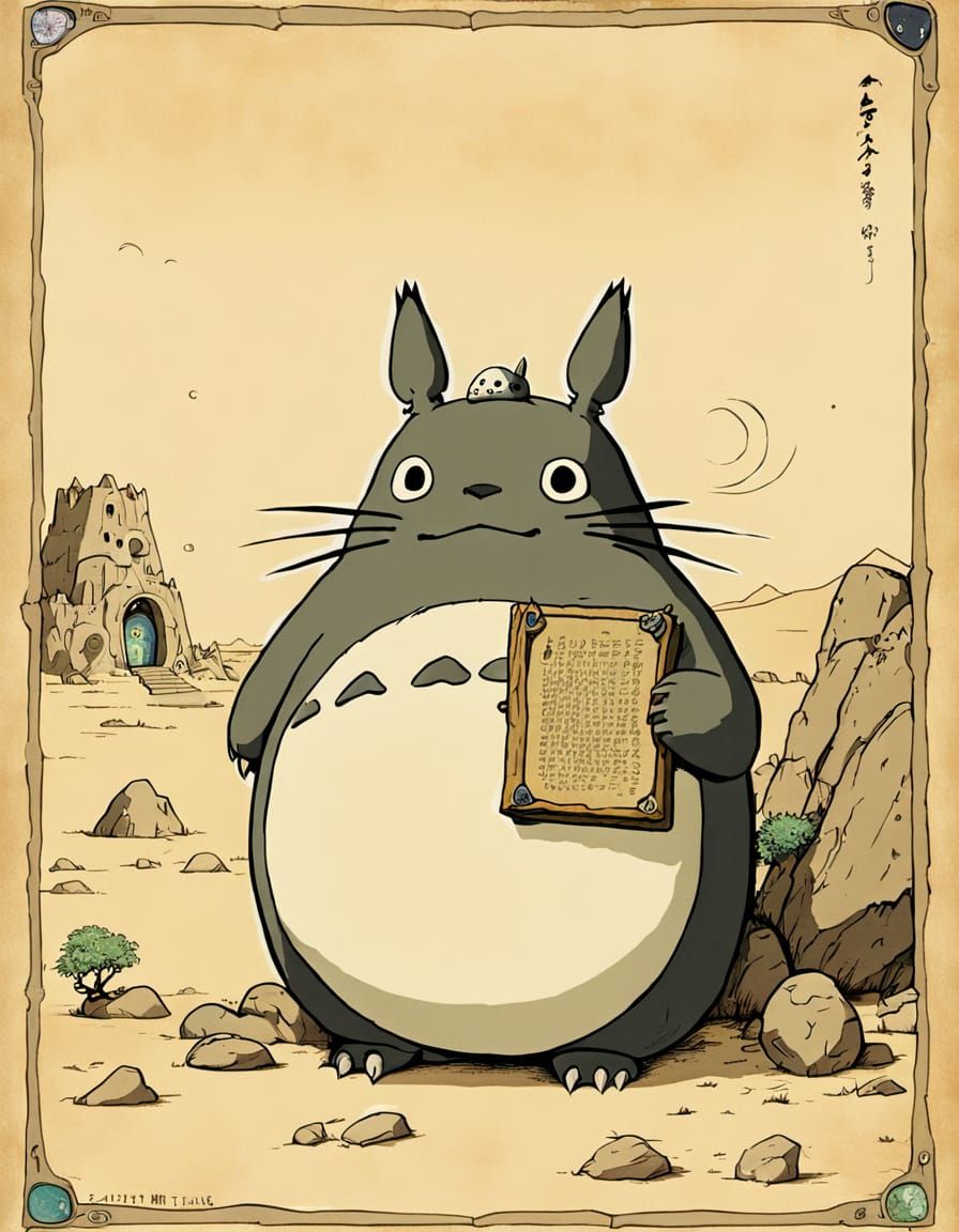 Totoro in Desert Ruins: Ancient Manuscript Illustration