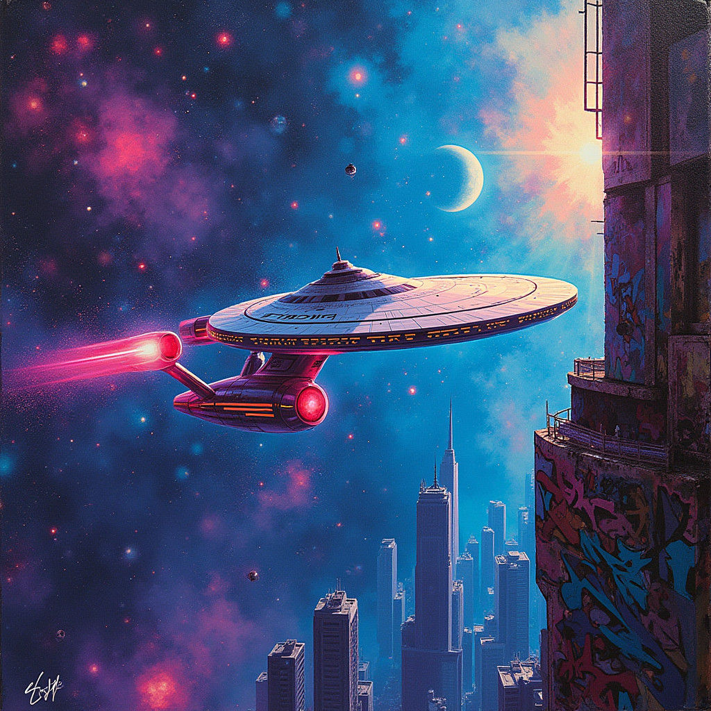 Starship Enterprise in Iridescent Nebula, Graffiti Art Style