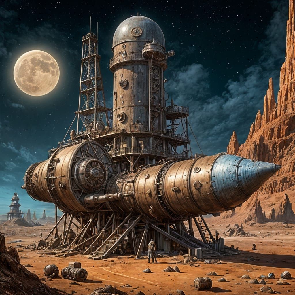 Steampunk Rockets Gather Dust on Abandoned Moon