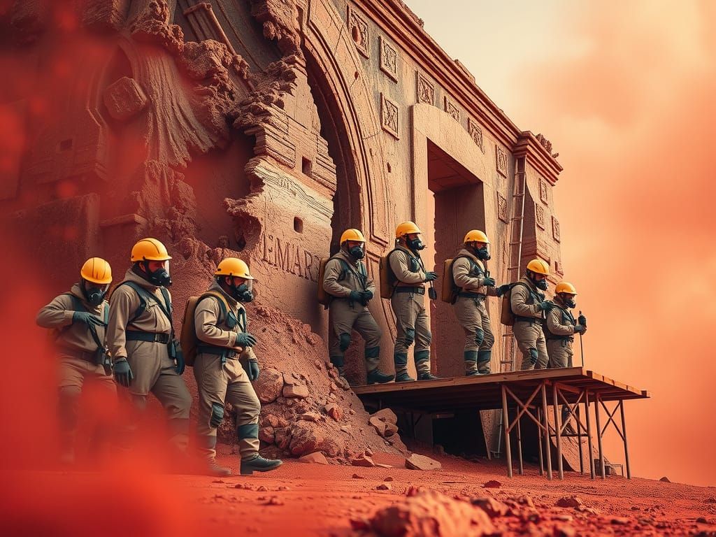 Ancient Mars Ruin and Workers in Photorealistic Style