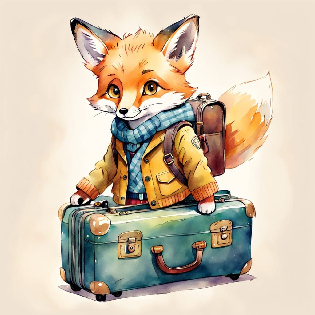 Charming Fox Cub Traveler in Watercolor Sketch