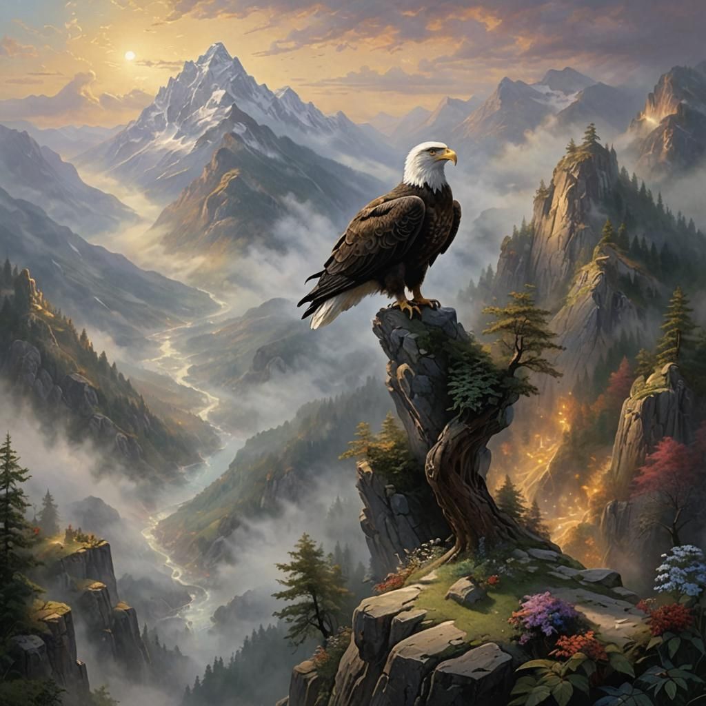 Eagle Perched on Mountain in Ethereal Fantasy Style