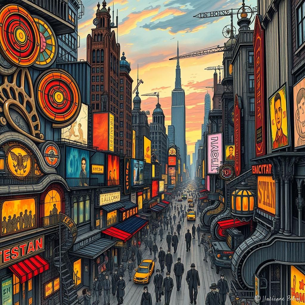 Steampunk Cityscape at Dusk: Abstract Expressionist Architec...