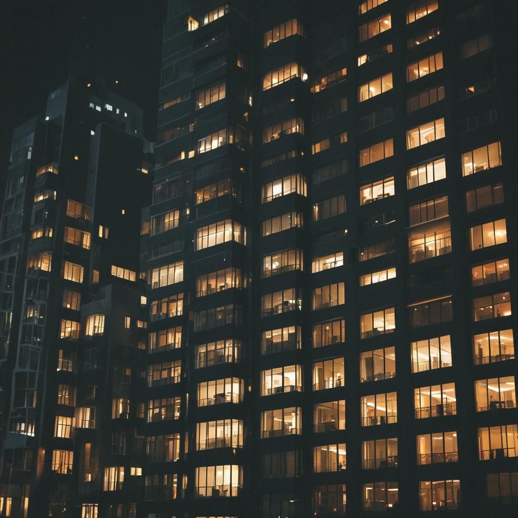 Sleek Black Buildings at Night: Cinematic Architecture