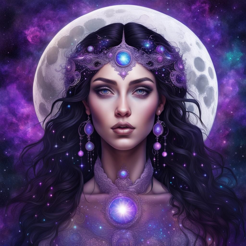 Moon Goddess with Starry Hair in Astral Illustration