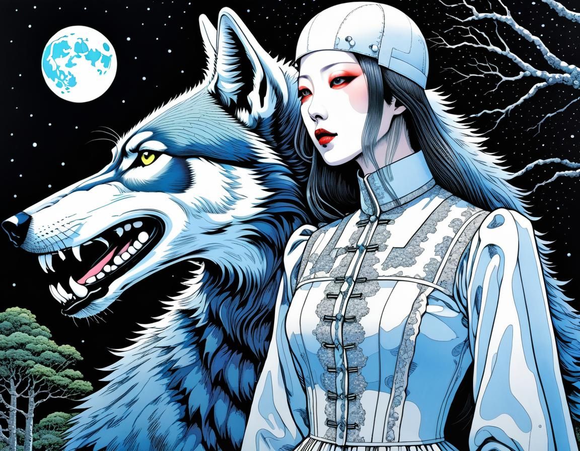 Eerie Wolf Under Full Moon, Surreal Art