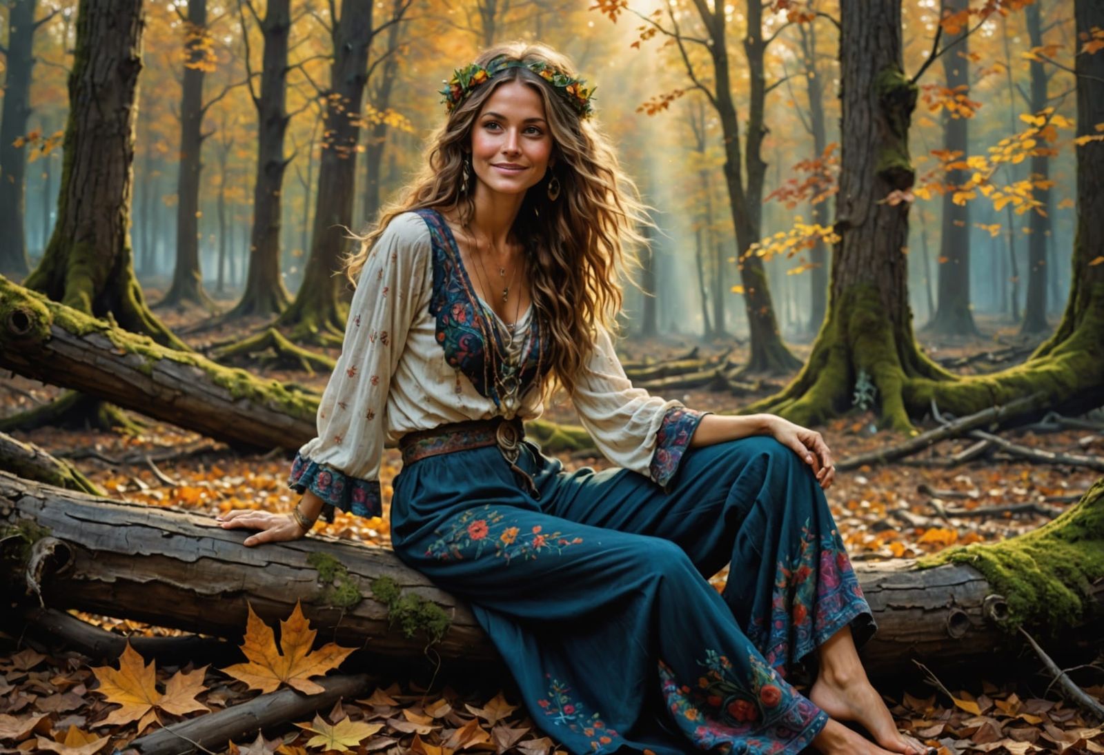 Hippie in Autumn Forest, Fantasy Painting
