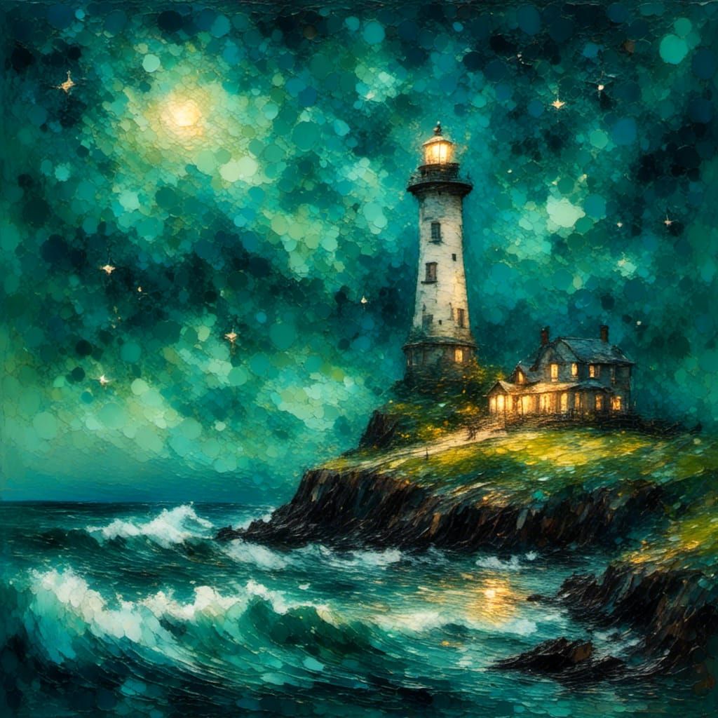 Coastal Lighthouse at Night in 19th-Century Romanticism Styl...