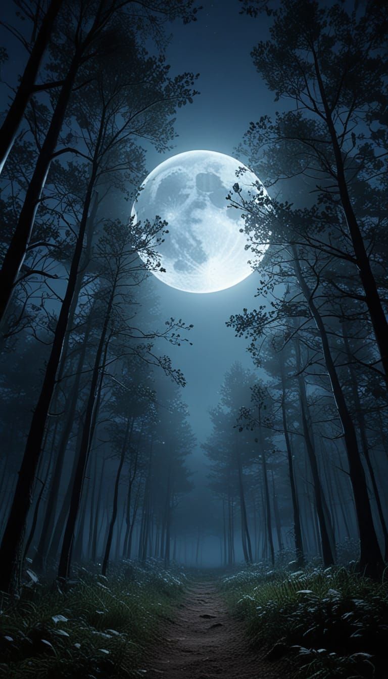 Giant Moon Illuminates Forest in Dreamy Fantasy Art