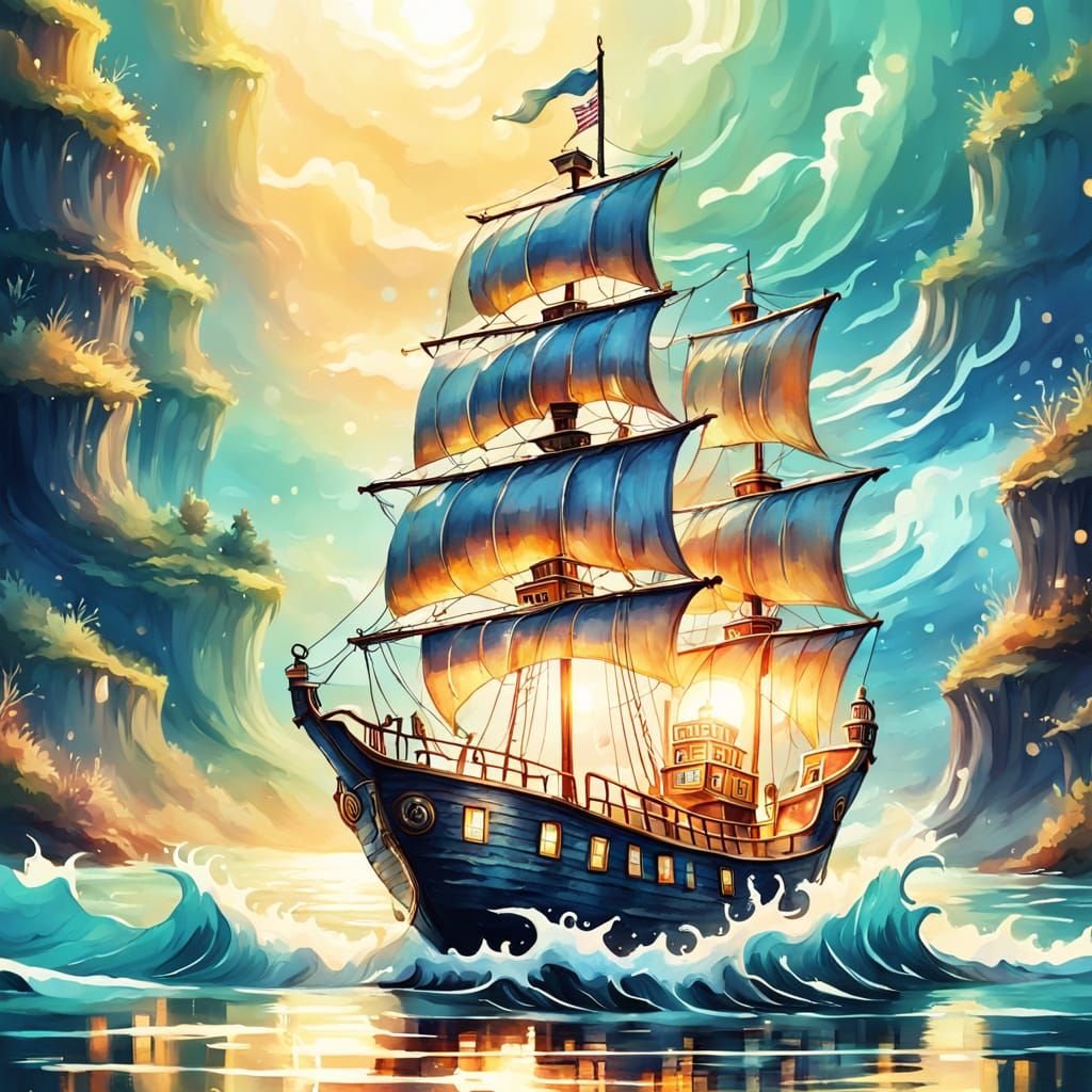 Sea Ship in Lantern: Whimsical Watercolor Fantasy