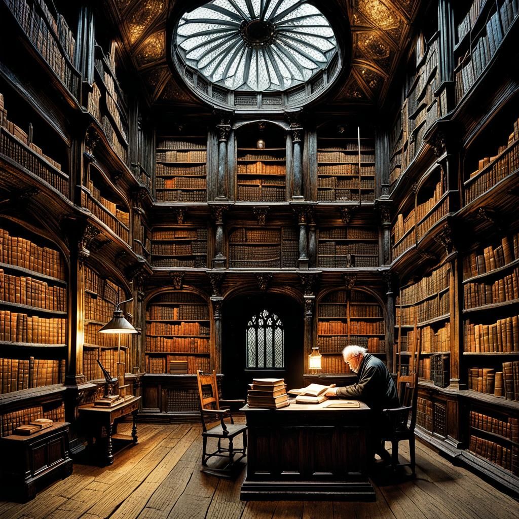 Medieval Library Scene with Old Man