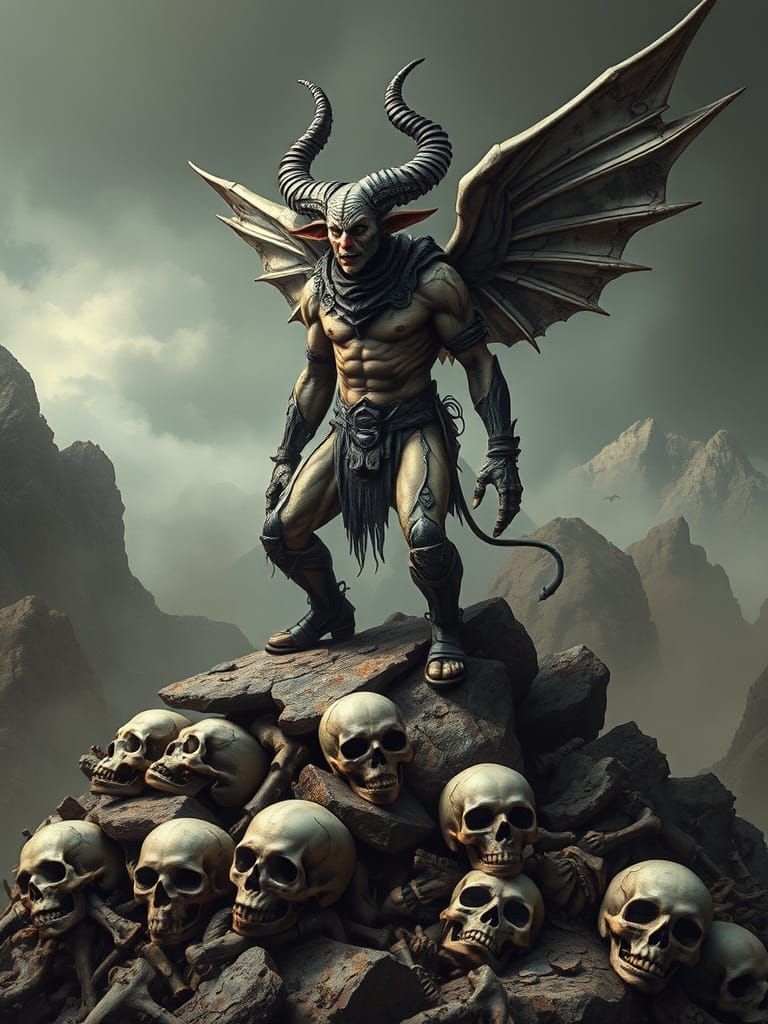 Surreal Winged Incubus-Clown Amidst a Graveyard of Bones and...