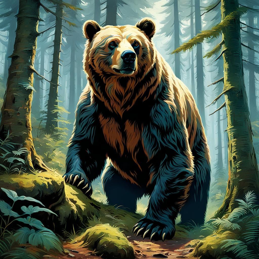 Bear in Forest, John Pettie Style Fantasy Art