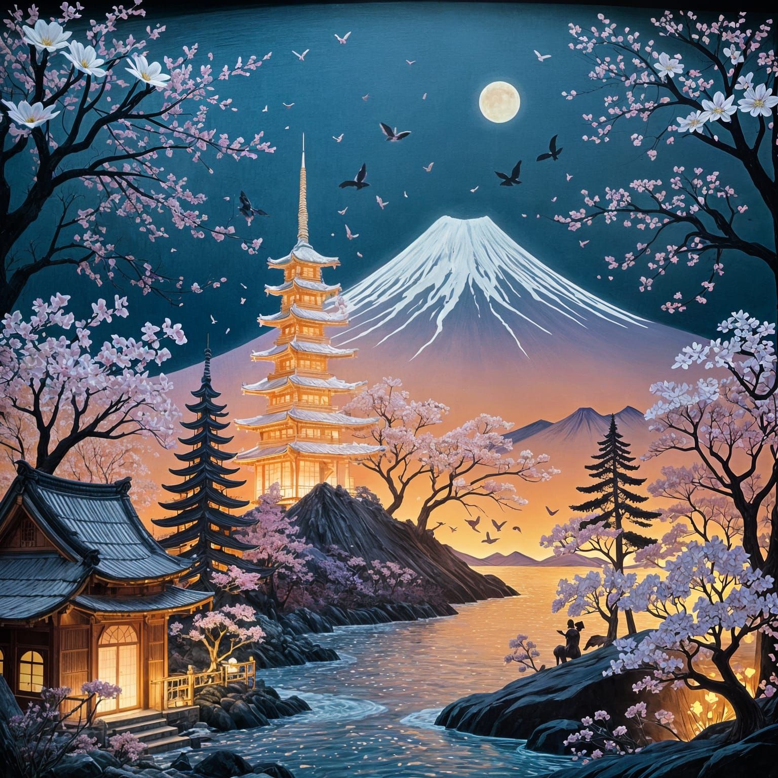 Surreal Cherry Blossom Landscape with Mount Fuji in Enamel R...