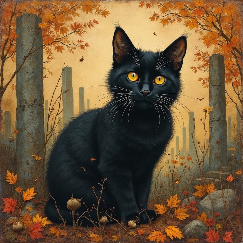 Whiskered Black Cat in Autumnal Zentangle Ruins