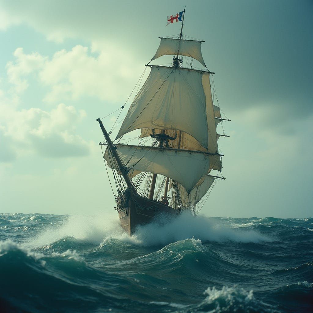 Sailing Ship in Tempestuous Sea: Hyperrealistic Film Still