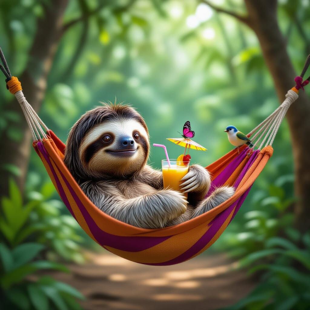 Mellow Sloth Daydreams in Tropical Hammock