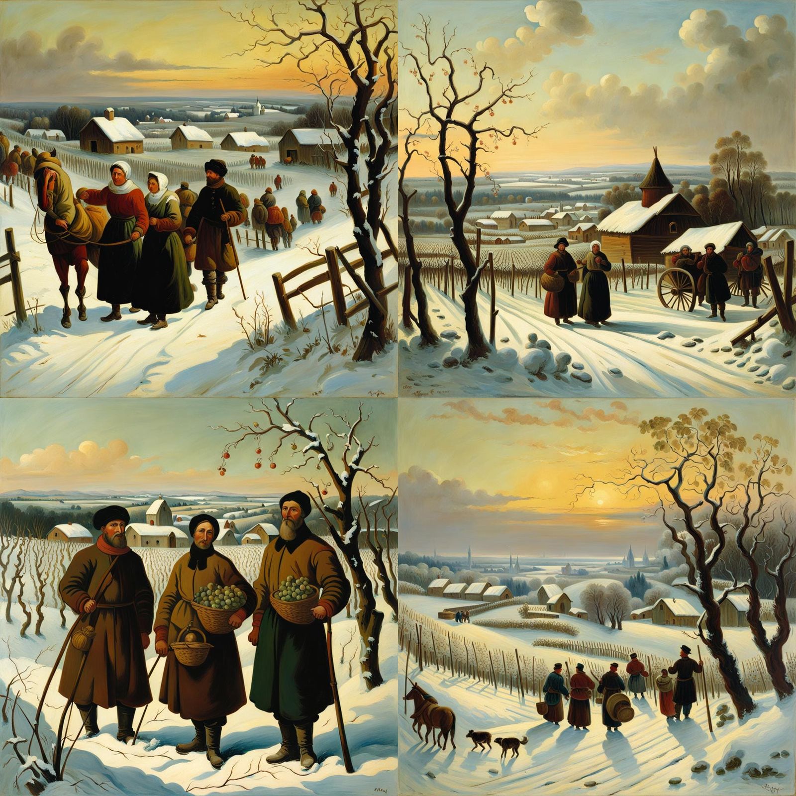 Winter Vineyard Scene with Russian Peasants