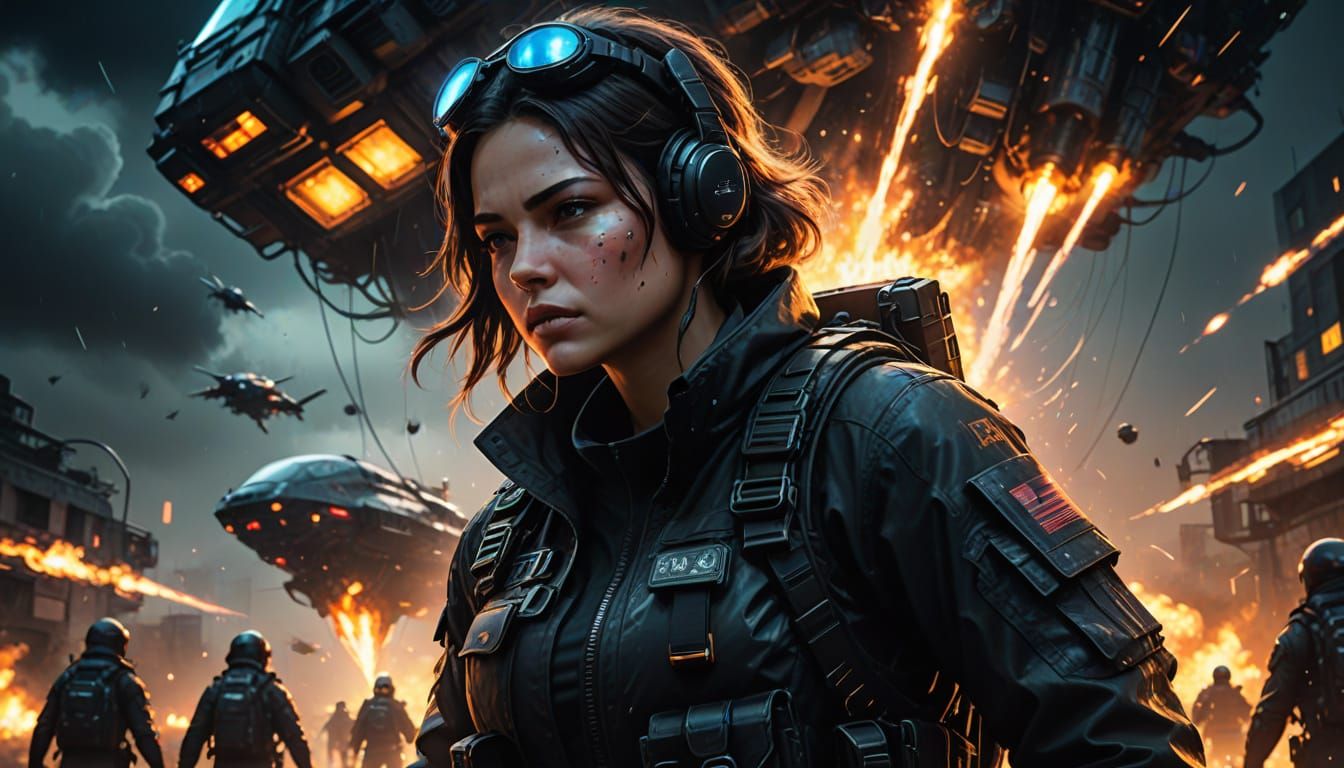 Female Agent Parachuting Through Stormy Night Sky