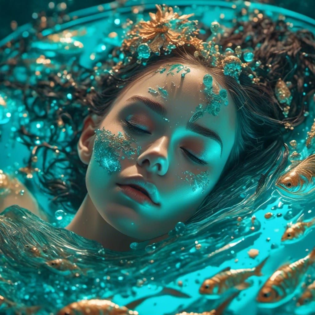 Woman in Fishbowl with Luminescent Turquoise Gown