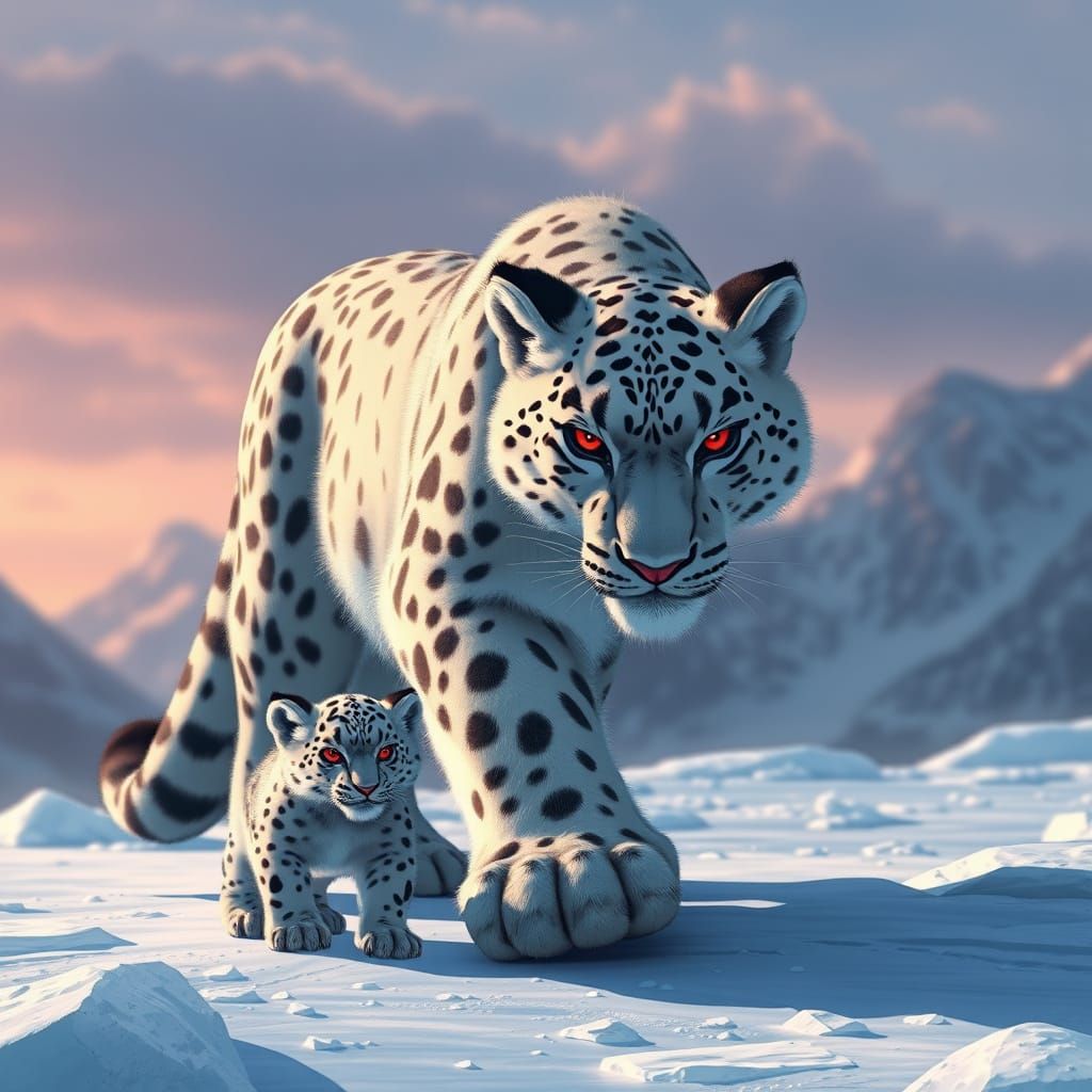 Majestic Snow Leopard Mother Roams Glacier with Cub in Photo...