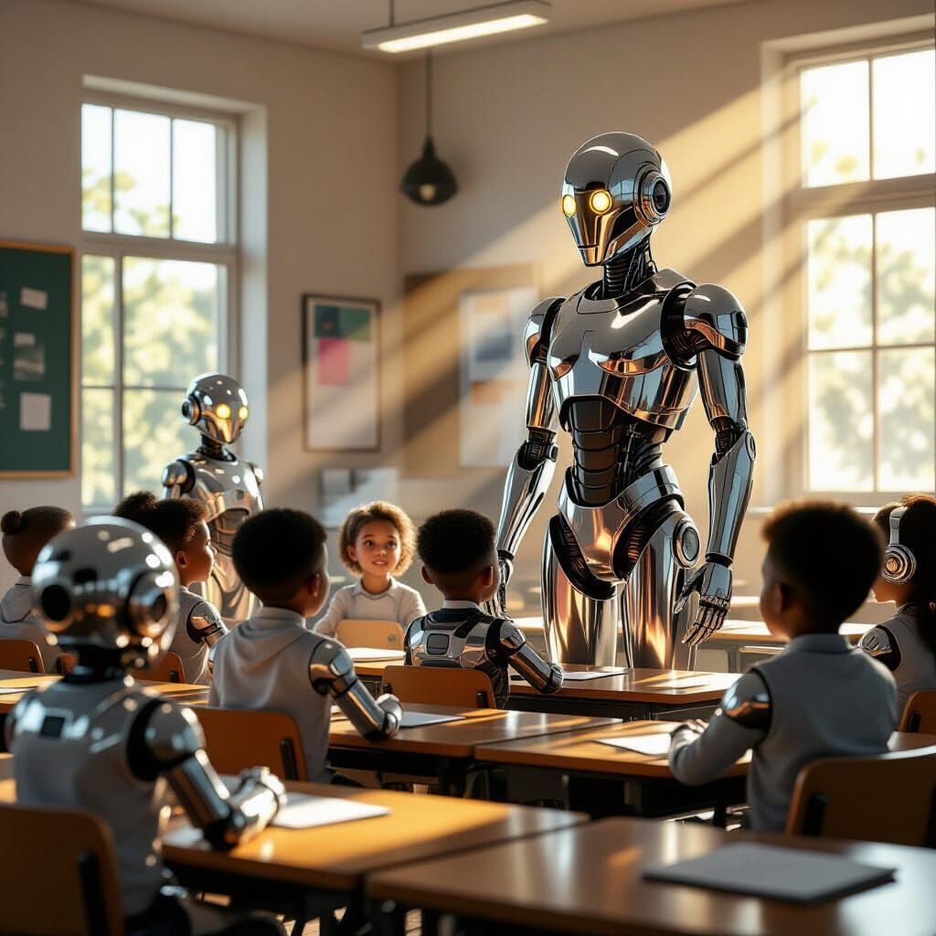 Android Children in Futuristic Classroom with Robot Teacher